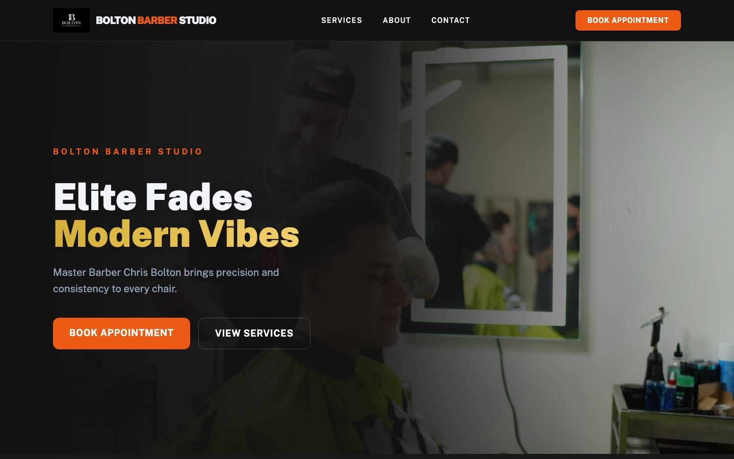 Bolton Barber Studio homepage — Elite Fades, Modern Vibes, with book-appointment call to action