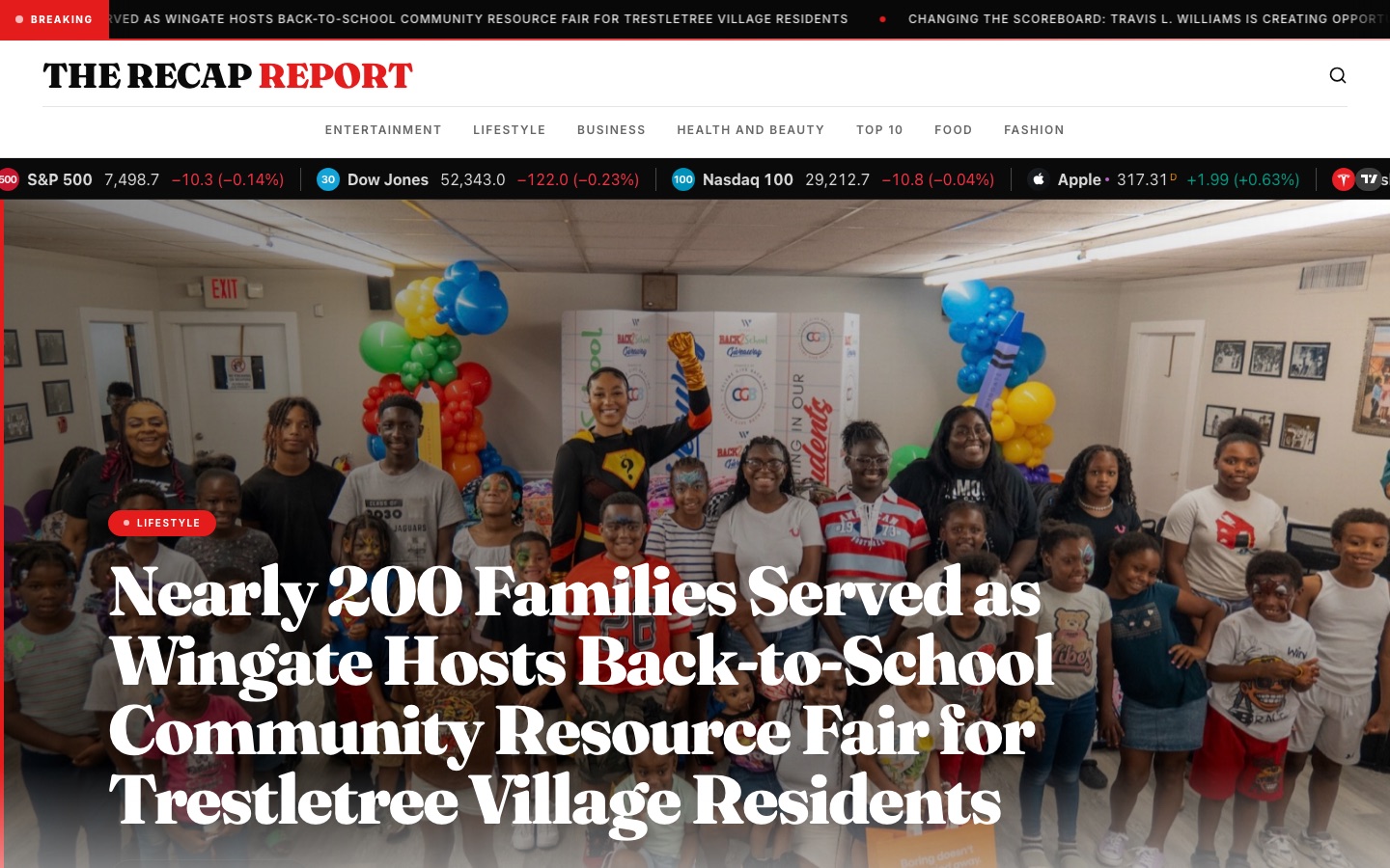 The Recap Report homepage — breaking-news banner, live market ticker, and a high-definition lead story